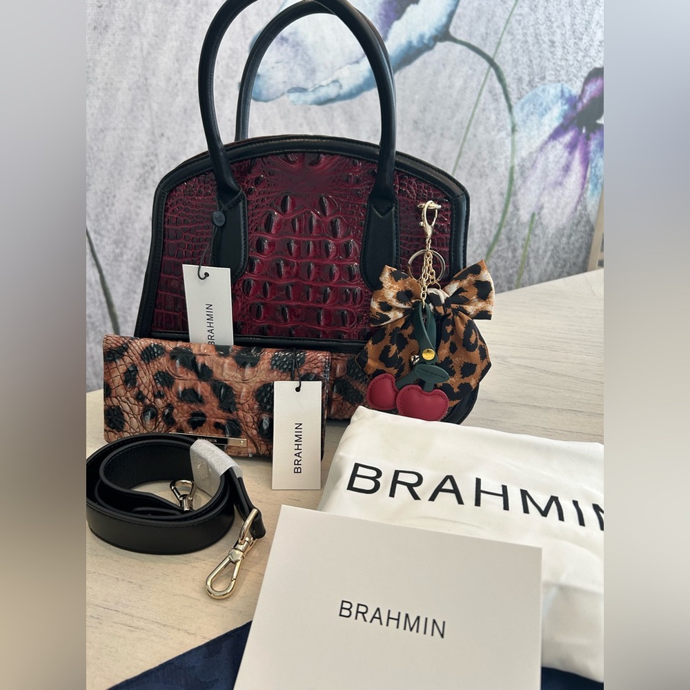 NWT BRAHMIN CHERRY LACQUER TOWERS with BRAHMIN GOLDEN LYNX WALLET SET